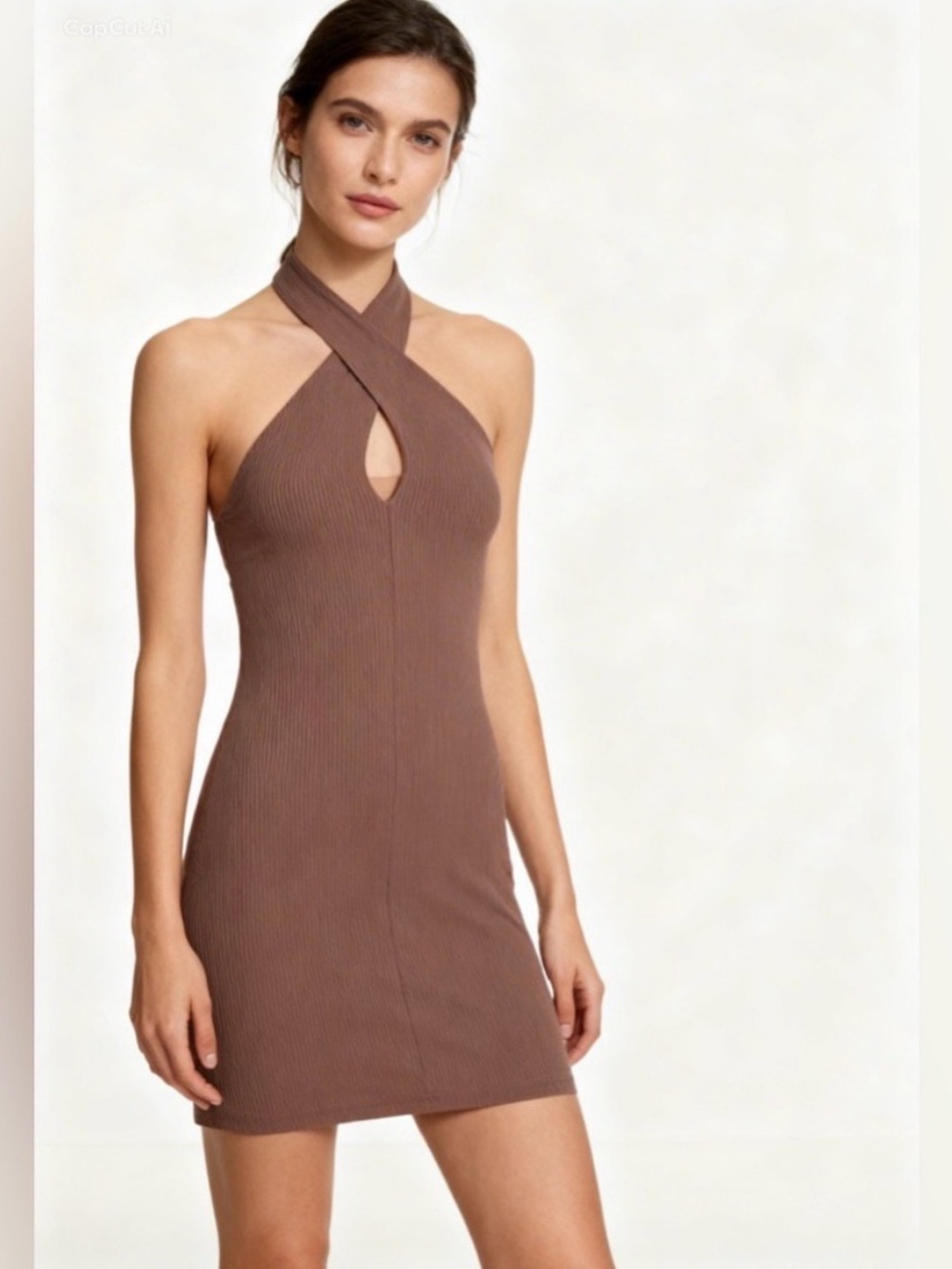 WILFRED ARITZIA Bay Cross Halter Mini Dress Mocha Mauve Brown Knit Bodycon Large